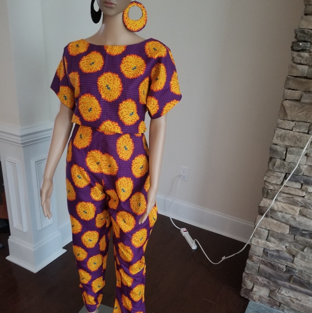 African print jumpsuit with earrings